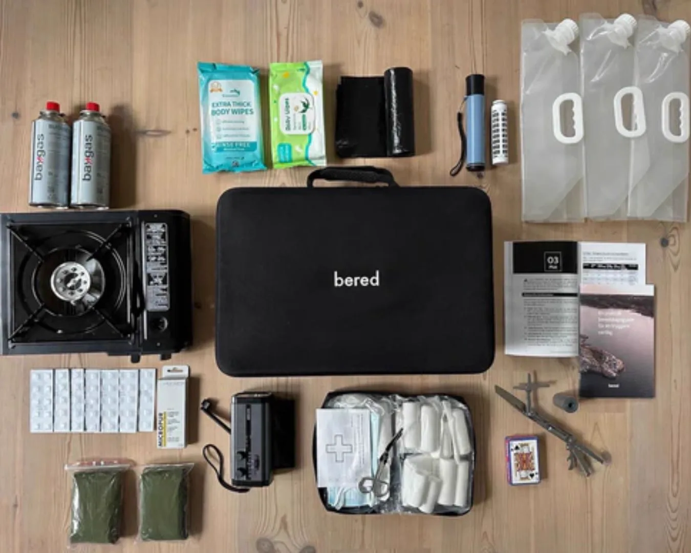 Bered emergency preparedness kit flat lay