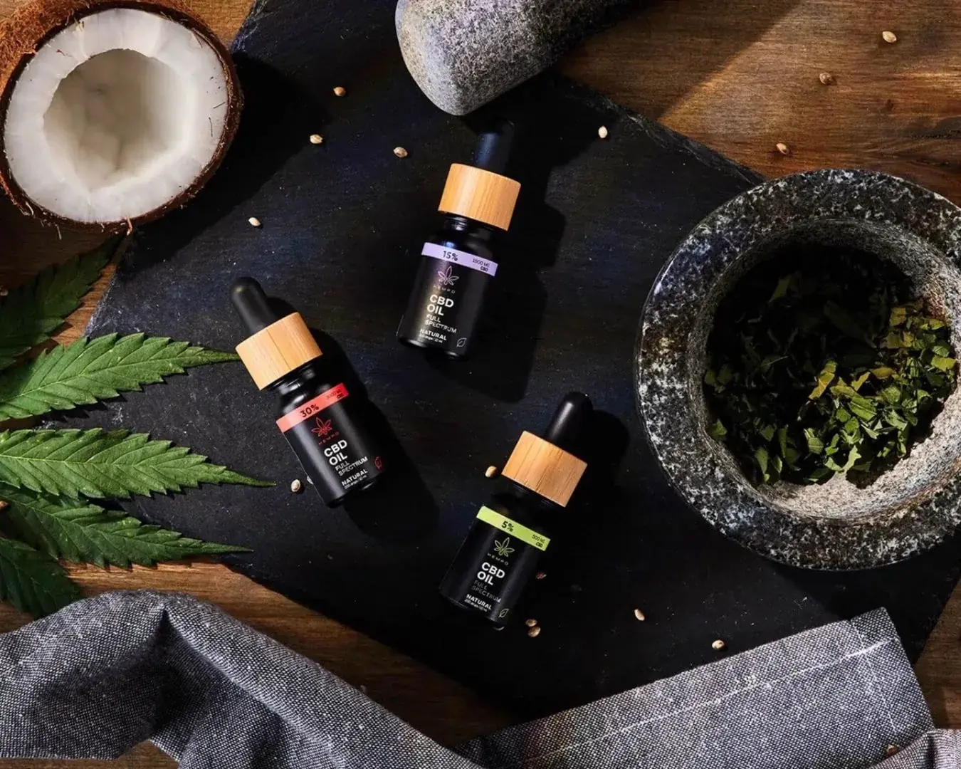 Hempo CBD oil product range on slate