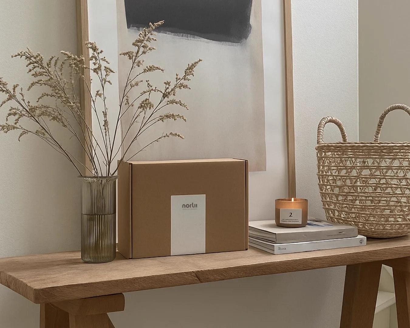Norlii box on wooden console with candle and decor